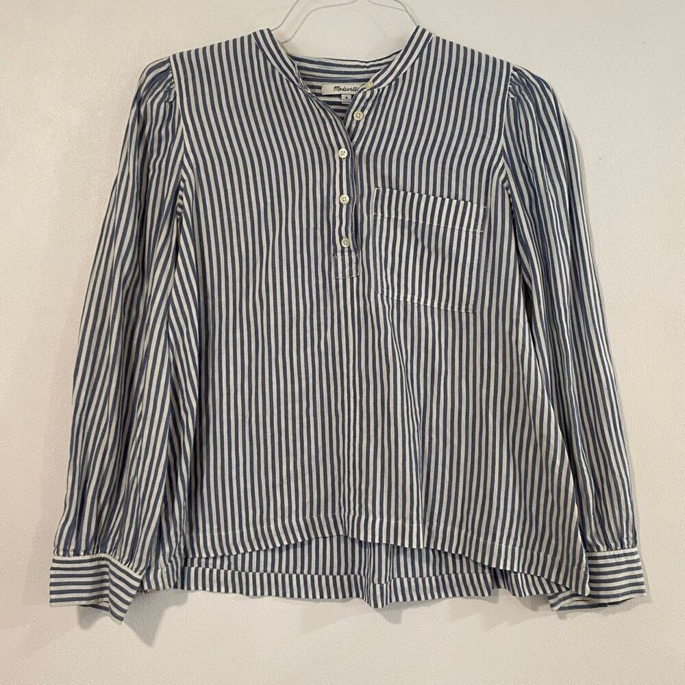 Madewell Striped Henley Top Women’s Medium Blue White Long Sleeve Cotton Shirt